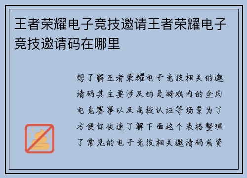 王者荣耀电子竞技邀请王者荣耀电子竞技邀请码在哪里